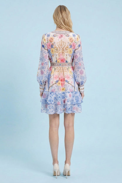 Baroque Floral Chiffon Mini Dress white, light blue, pink, yellow chiffon dress - product view 3