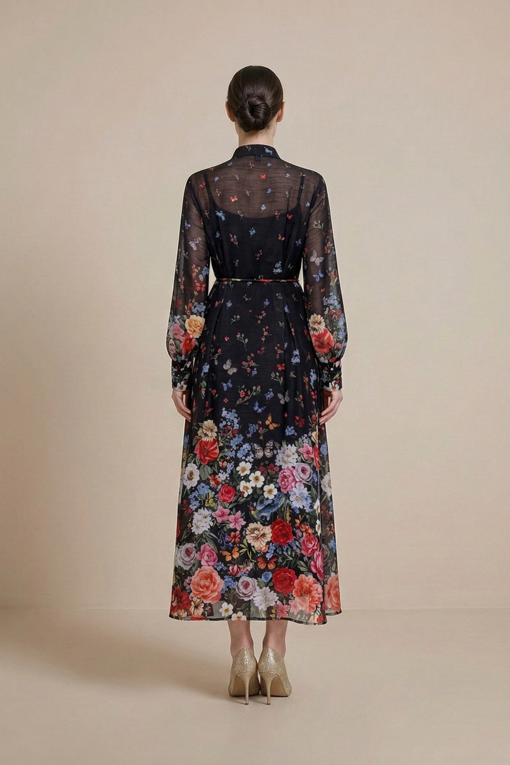 Black Sheer Chiffon A-Line Shirt Dress with Floral Print black sheer chiffon shirt dress - product view 3