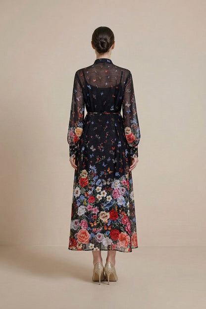 Black Sheer Chiffon A-Line Shirt Dress with Floral Print black sheer chiffon shirt dress - product view 3
