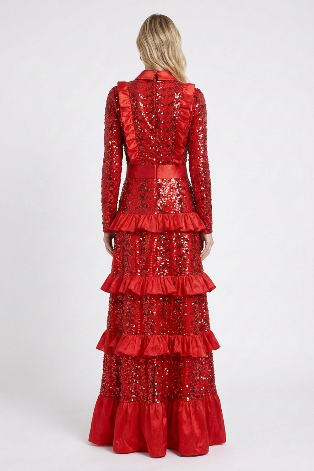 Red Sequined Mesh Tiered A-Line Gown red sequined mesh gown - product view 3