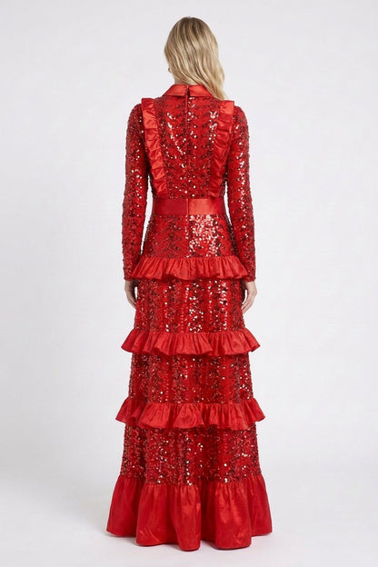 Red Sequined Mesh Tiered A-Line Gown red sequined mesh gown - product view 3