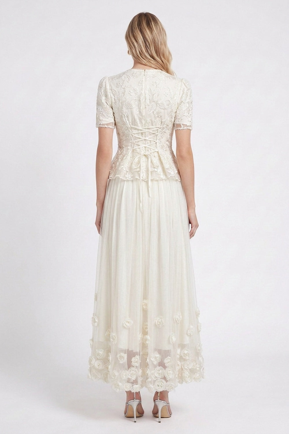 Off-White Embroidered Organza and Tulle Fitted Peplum Top with Flared A-Line Skirt Two-Piece Set off-white embroidered organza and tulle two-piece set - product view 3