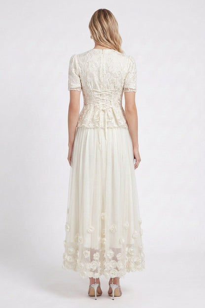 Off-White Embroidered Organza and Tulle Fitted Peplum Top with Flared A-Line Skirt Two-Piece Set off-white embroidered organza and tulle two-piece set - product view 3