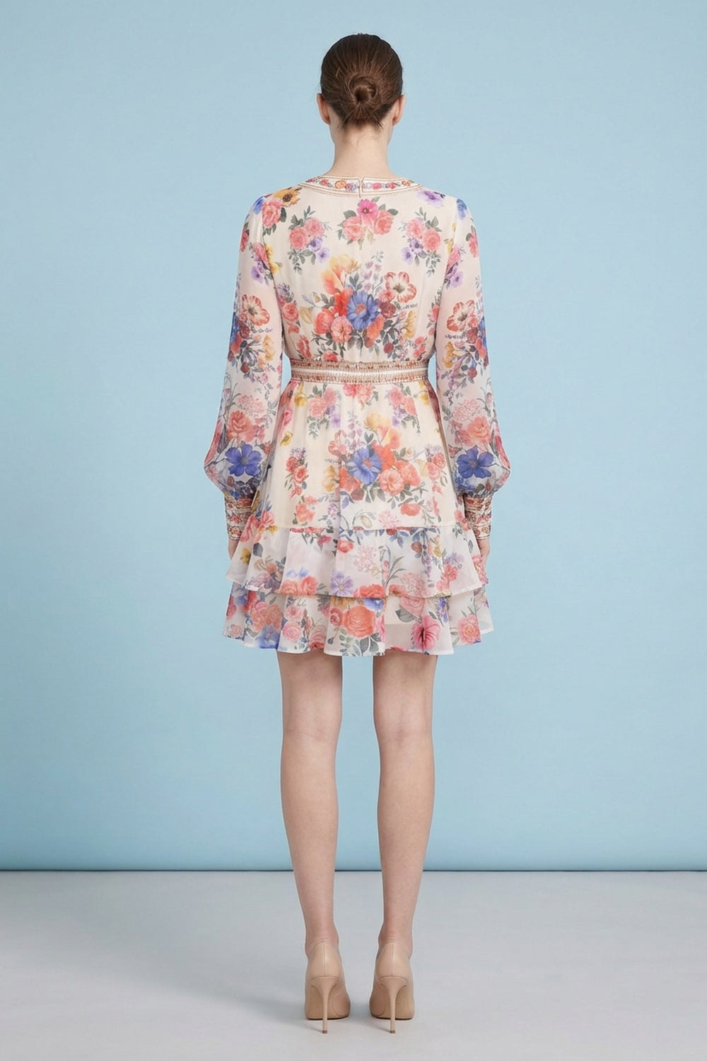 Cream Floral Chiffon Tiered Mini Dress cream, off-white chiffon dress - product view 3