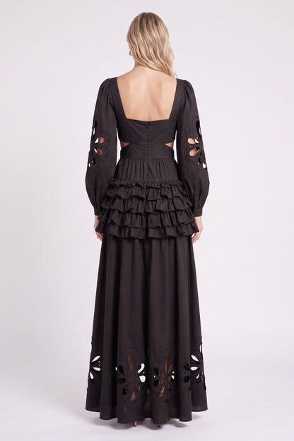 Black Floral Cut-Out Tiered Ruffle Maxi Dress Premium Fabric - product view 9
