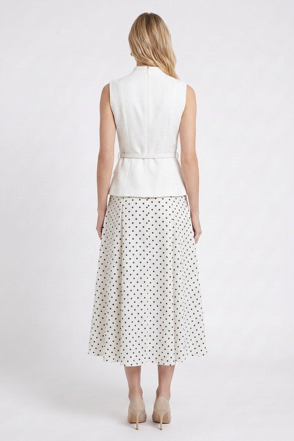 White Structured Woven Fitted Peplum Top & Flared A-Line Midi Skirt Two-Piece Set white structured woven cotton-blend two-piece set - product view 2