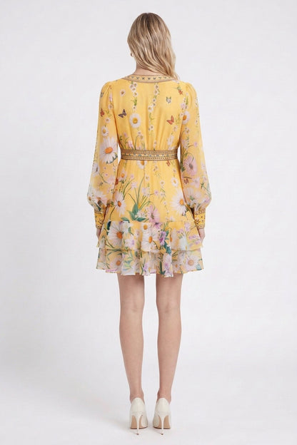 Yellow Chiffon Fit-and-Flare Dress with Floral and Butterfly Print yellow chiffon dress - product view 3