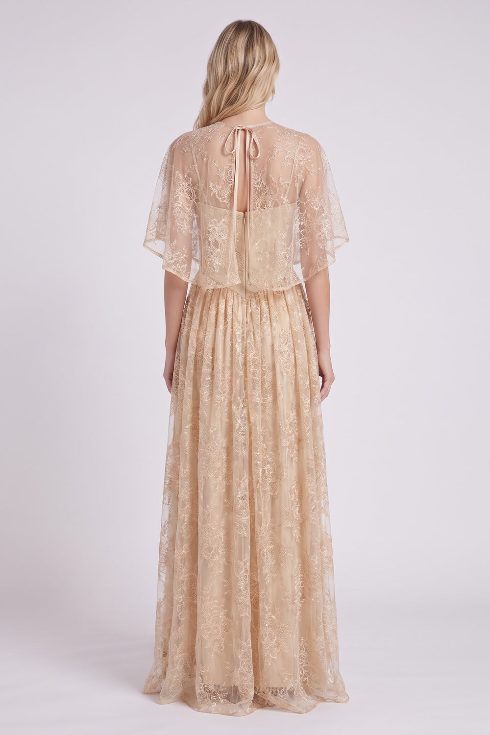 Champagne Embroidered Floral Lace A-Line Layered Maxi Dress champagne, beige embroidered floral lace layered lace maxi dress - product view 3