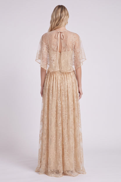 Champagne Embroidered Floral Lace A-Line Layered Maxi Dress champagne, beige embroidered floral lace layered lace maxi dress - product view 3