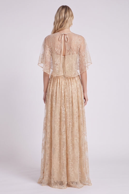 Champagne Embroidered Floral Lace A-Line Layered Maxi Dress champagne, beige embroidered floral lace layered lace maxi dress - product view 3