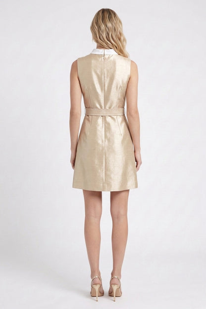 Champagne Gold Structured A-Line Mini Dress champagne gold structured woven silk or dupioni blend dress - product view 3