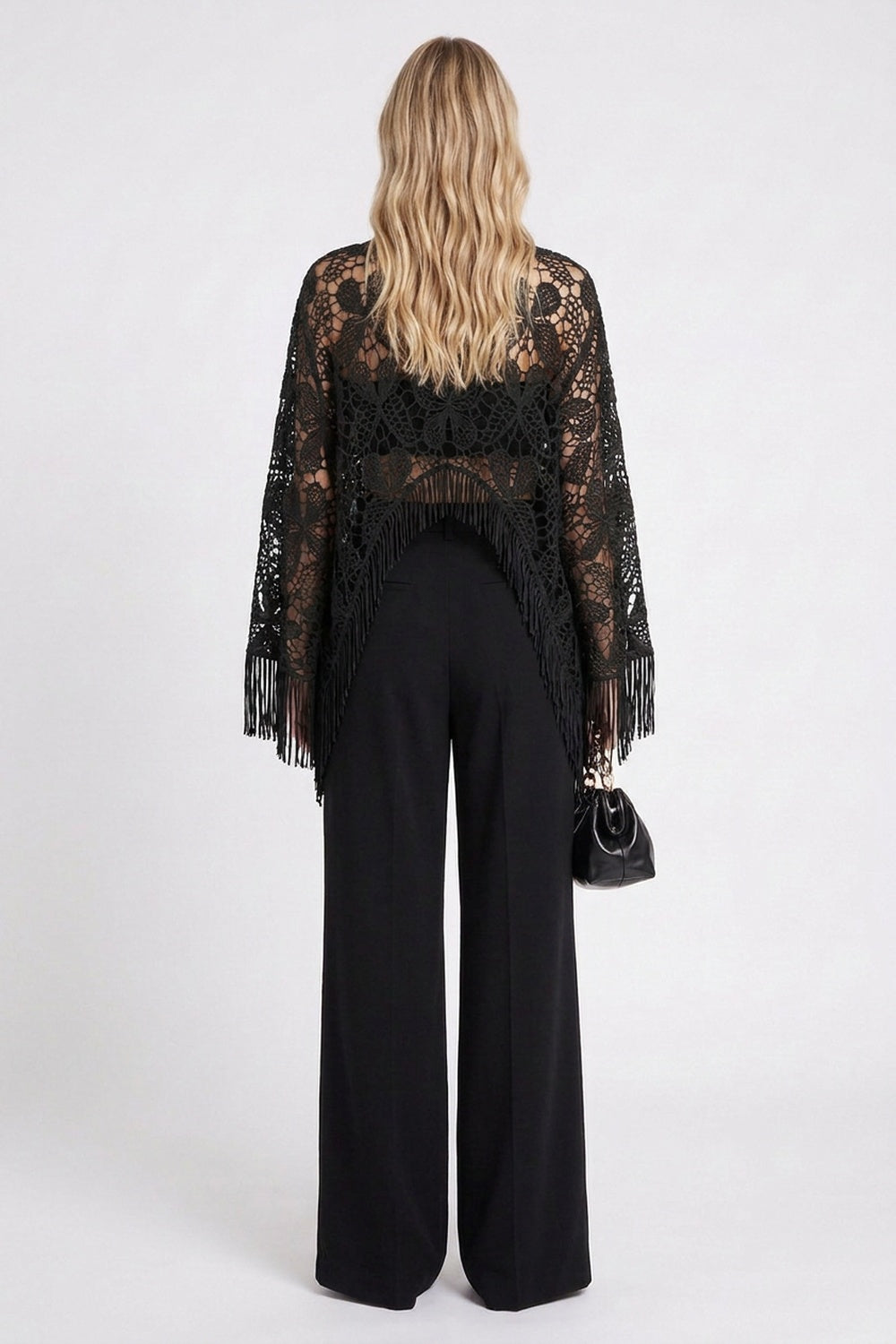 Black Guipure Lace Fringed Poncho Top black guipure lace poncho top - product view 3