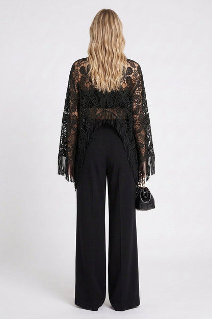 Black Guipure Lace Fringed Poncho Top black guipure lace poncho top - product view 3