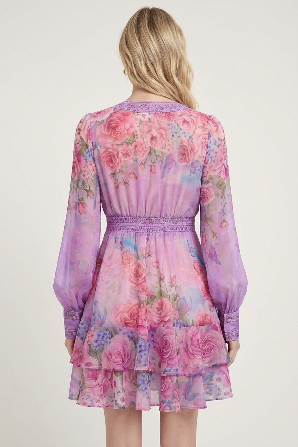 Lavender Chiffon Fit-and-Flare Floral Dress lavender, lilac, pink chiffon dress - product view 2