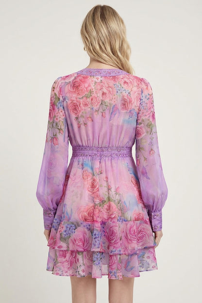 Lavender Chiffon Fit-and-Flare Floral Dress lavender, lilac, pink chiffon dress - product view 2