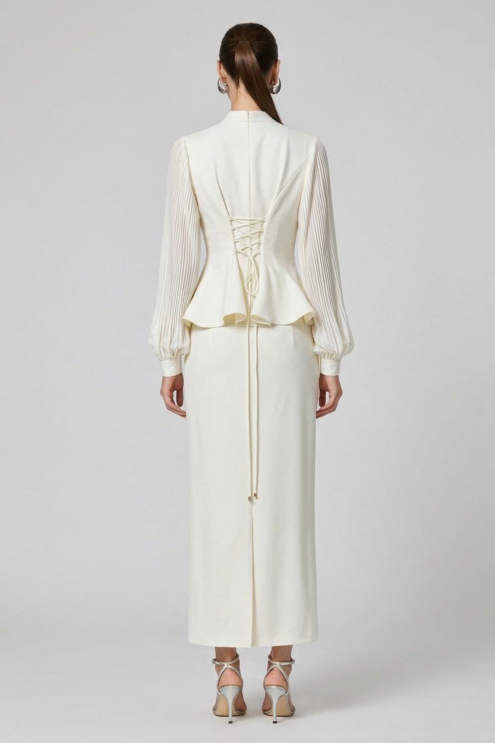 Off-White Structured Crepe Peplum Top & Column Maxi Skirt Two-Piece Set off-white structured crepe two-piece set - product view 3