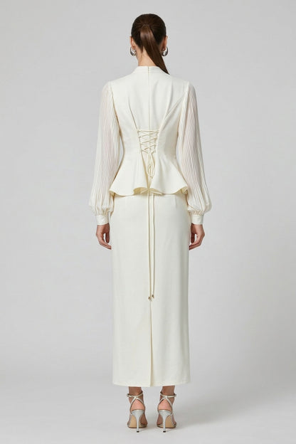 Off-White Structured Crepe Peplum Top & Column Maxi Skirt Two-Piece Set off-white structured crepe two-piece set - product view 3