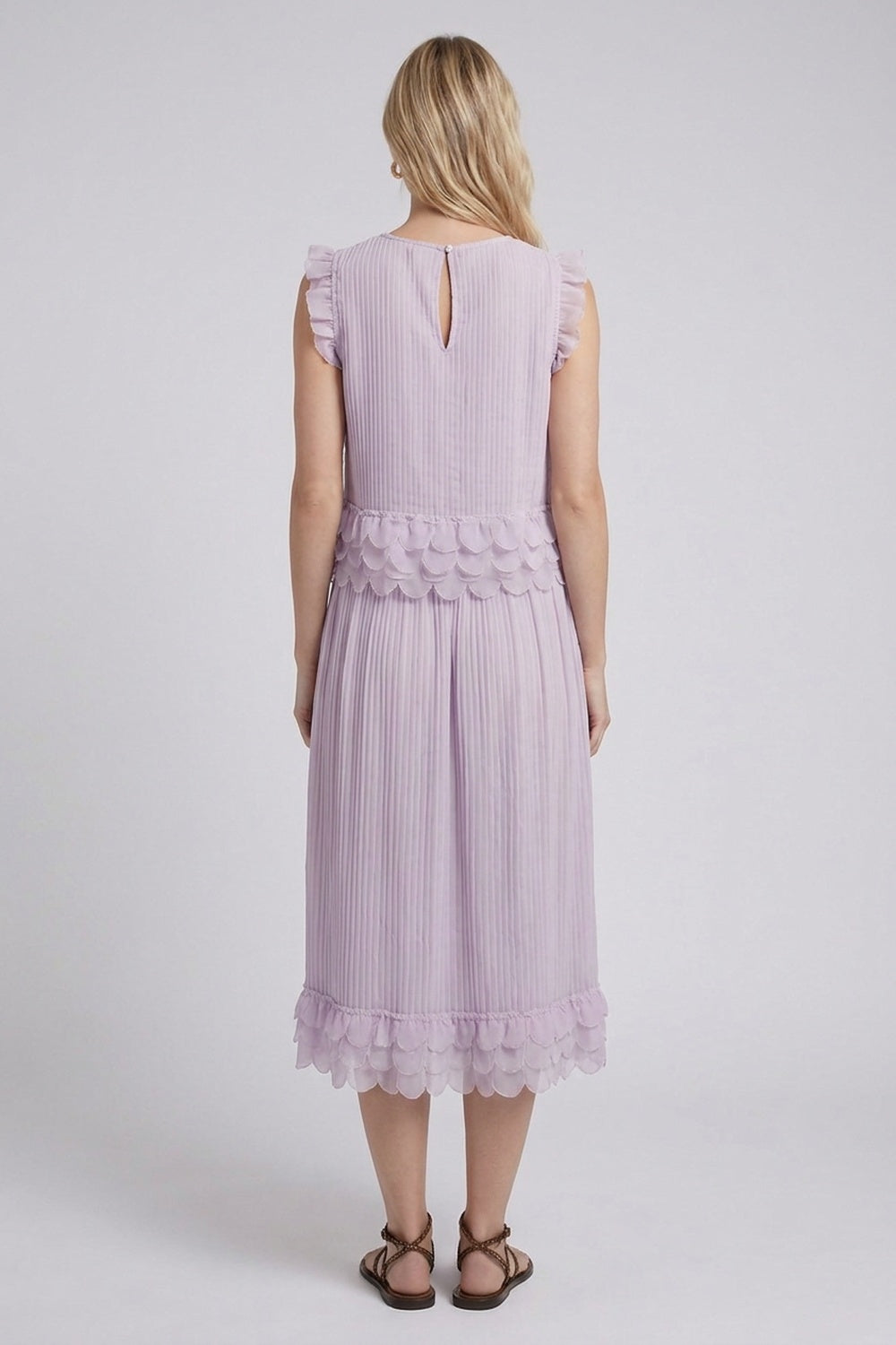 Lavender Pleated Chiffon Two-Piece Set: Relaxed Sleeveless Top & A-Line Midi Skirt lavender lightweight pleated chiffon two-piece set - product view 3