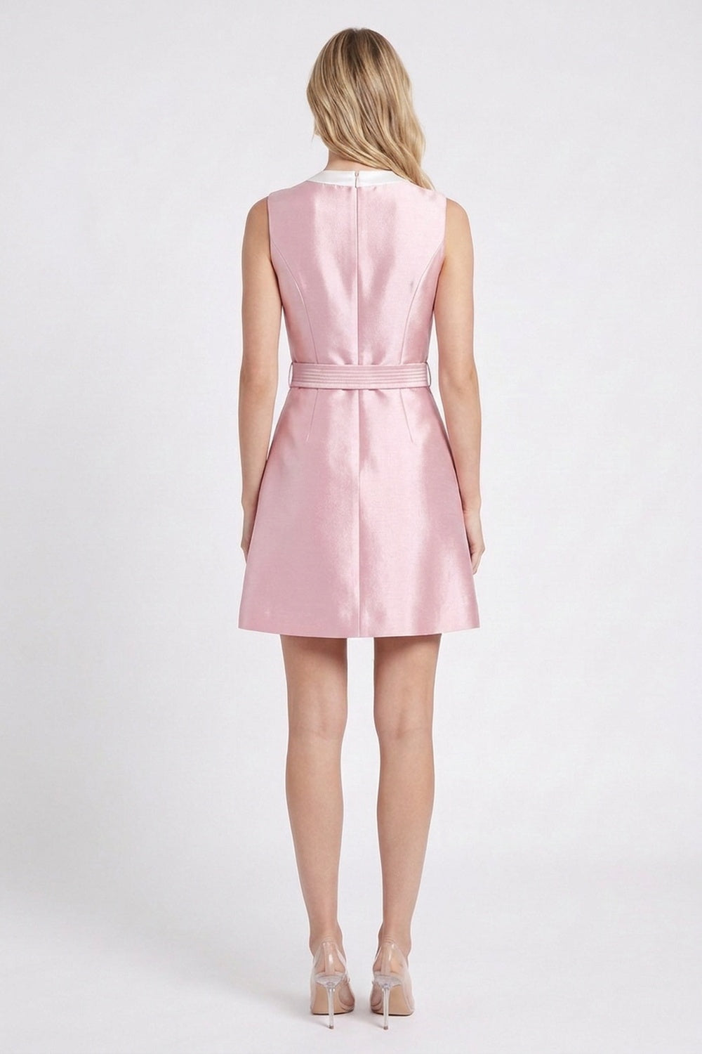 Pale Pink A-Line Mini Dress with Contrast White Collar pale pink structured silk gazar or heavy satin dress - product view 3
