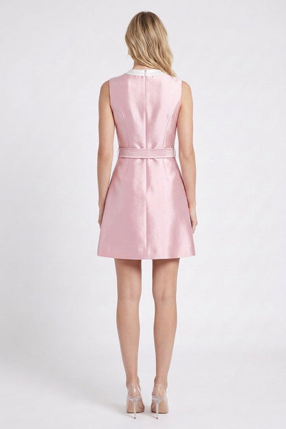 Pale Pink A-Line Mini Dress with Contrast White Collar pale pink structured silk gazar or heavy satin dress - product view 3