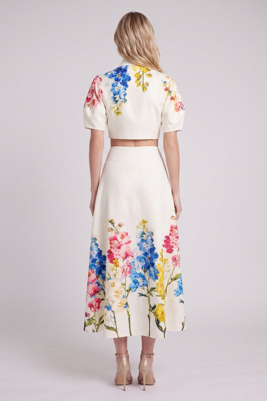 Off-White Mid-Weight Structured Woven Cropped Top & High-Waisted Flared Skirt Two-Piece Set with Floral Print off-white, cream mid-weight structured woven fabric two-piece set - product view 3