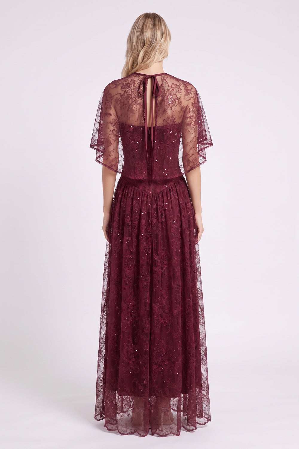 Burgundy Floral Lace A-Line Maxi Dress with Capelet Overlay burgundy floral lace maxi dress with capelet overlay - product view 3