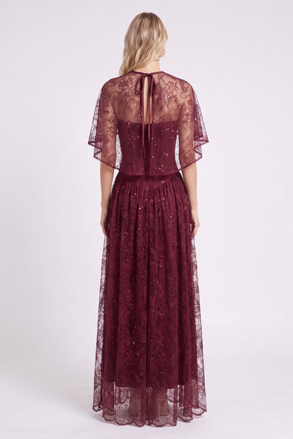 Burgundy Floral Lace A-Line Maxi Dress with Capelet Overlay burgundy floral lace maxi dress with capelet overlay - product view 3