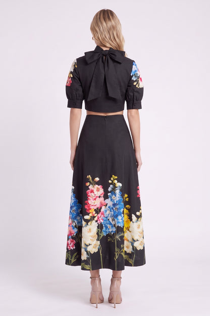 Black Floral Print Structured Two-Piece Set with Puff Sleeve Blouse and Midi Skirt black structured woven cotton or linen blend two-piece set - product view 3