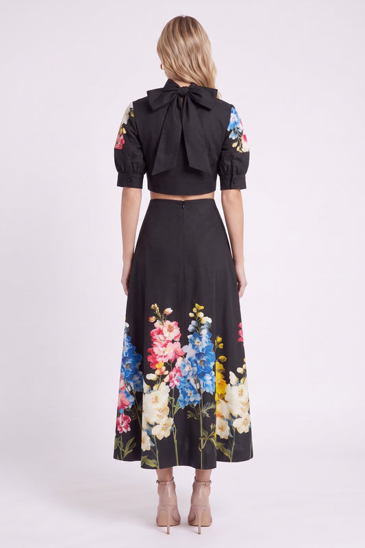 Black Floral Print Structured Two-Piece Set with Puff Sleeve Blouse and Midi Skirt black structured woven cotton or linen blend two-piece set - product view 3