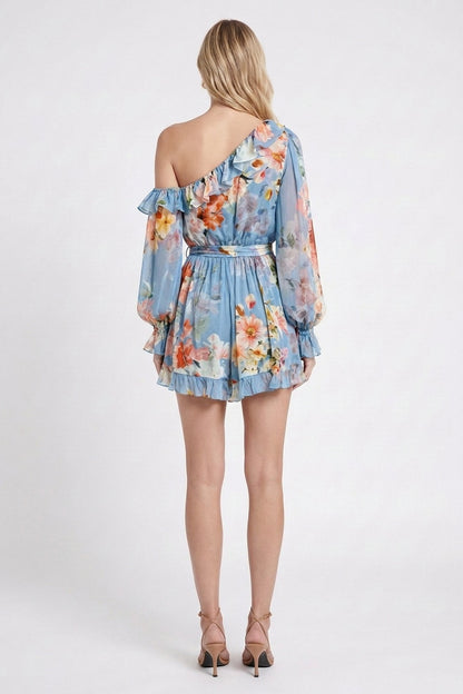 Light Blue Chiffon Asymmetric Blouson Romper with Floral Print light blue chiffon romper - product view 2