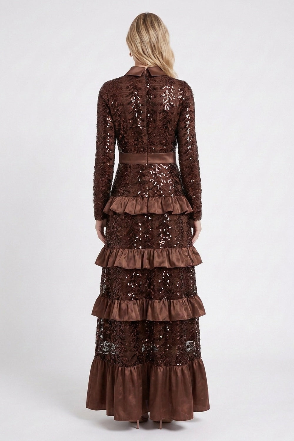 Dark Brown Sequined Mesh Tiered A-Line Maxi Dress dark brown sequined mesh dress - product view 3