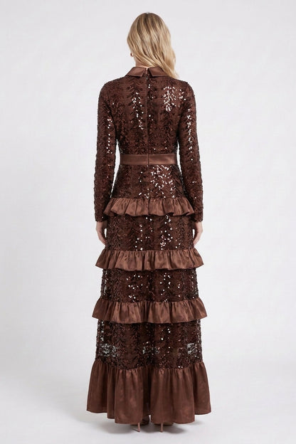 Dark Brown Sequined Mesh Tiered A-Line Maxi Dress dark brown sequined mesh dress - product view 3