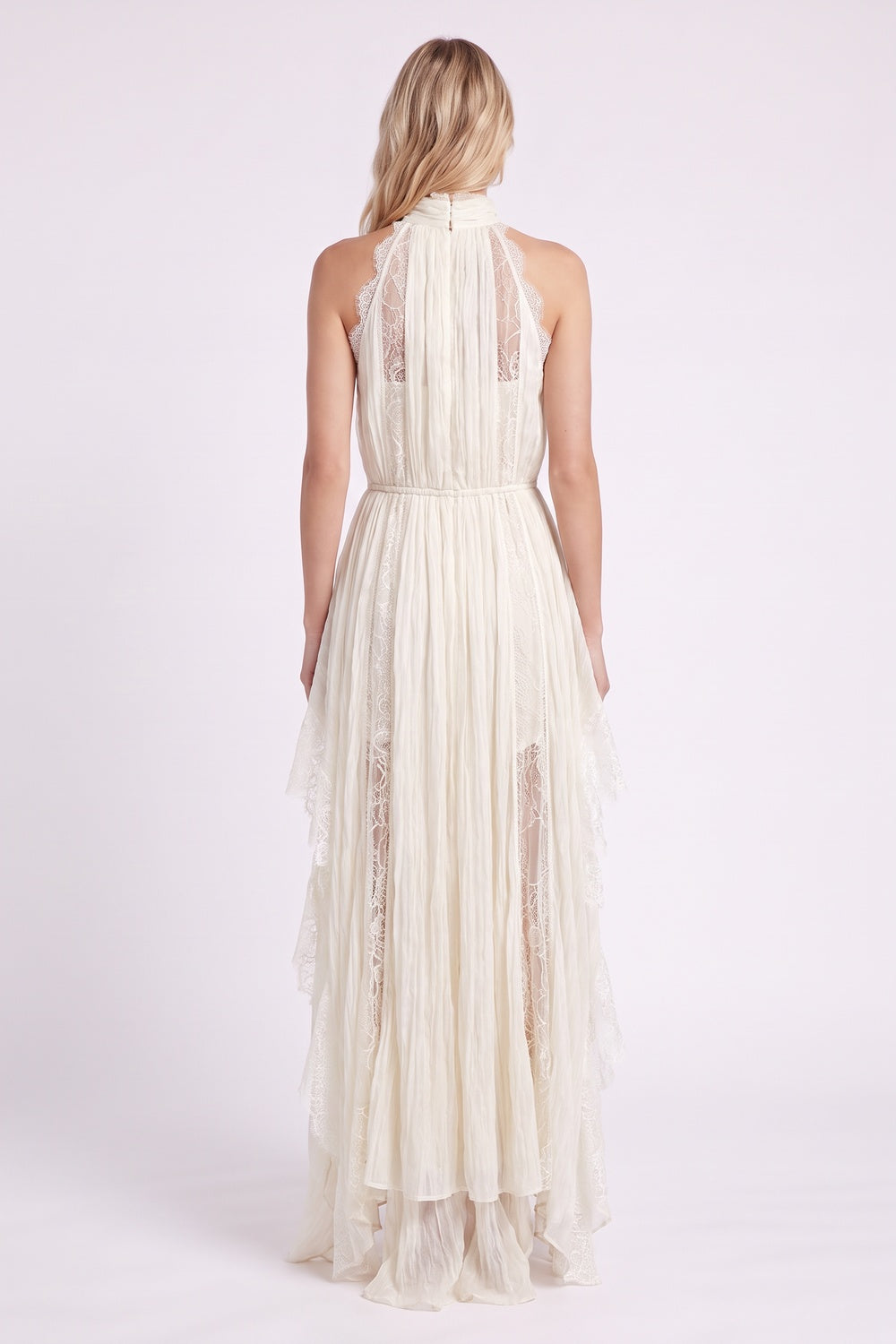 Ivory Crinkled Chiffon A-Line Maxi Dress with Lace Panels ivory crinkled chiffon dress - product view 3