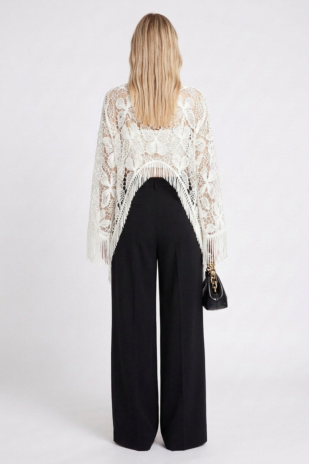 White Guipure Lace Fringe Poncho Top with Black Wide-Leg Trousers Set white, black guipure lace (top), woven crepe (trousers) two-piece set (poncho top and wide-leg trousers) - product view 3