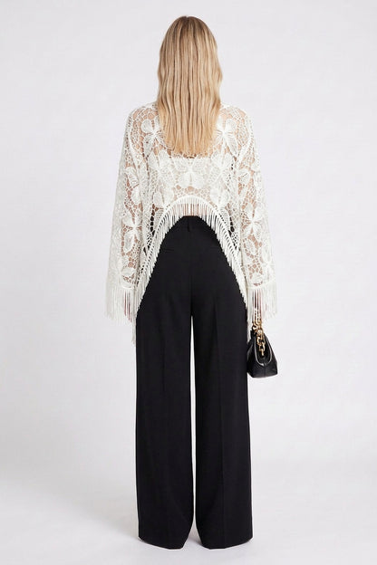 White Guipure Lace Fringe Poncho Top with Black Wide-Leg Trousers Set white, black guipure lace (top), woven crepe (trousers) two-piece set (poncho top and wide-leg trousers) - product view 3