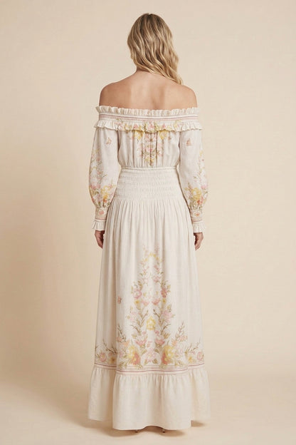 Cream A-Line Maxi Dress with Off-the-Shoulder Smocked Detail cream lightweight woven cotton or linen blend dress - product view 3