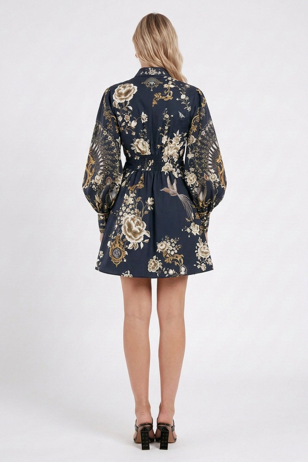 Navy Blue Baroque Print Fit-and-Flare Shirt Dress navy blue structured cotton poplin shirt dress - product view 3