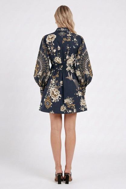 Navy Blue Baroque Print Fit-and-Flare Shirt Dress navy blue structured cotton poplin shirt dress - product view 3