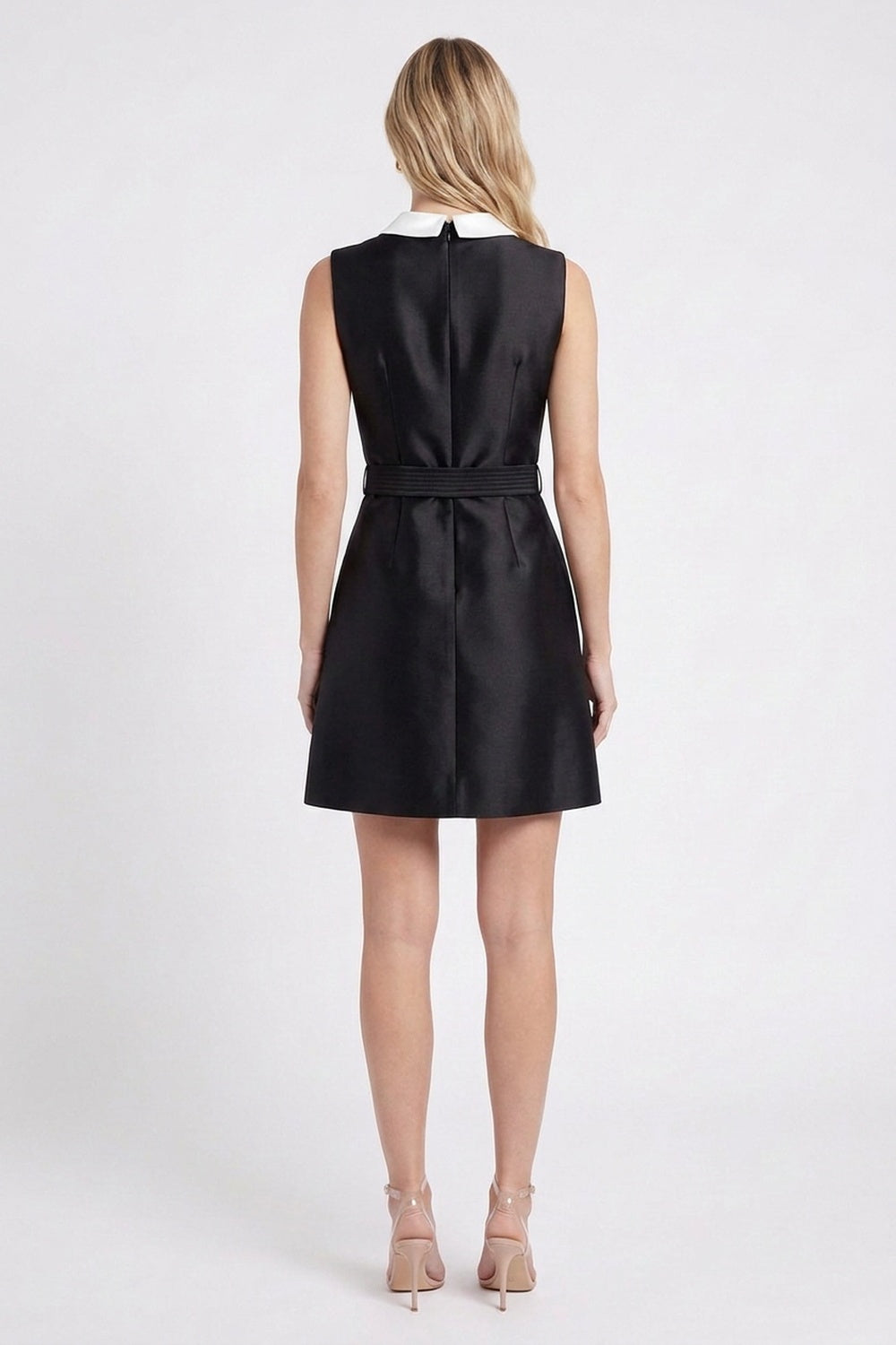 Black Satin A-Line Mini Dress with Contrast Collar black structured satin or silk faille dress - product view 3
