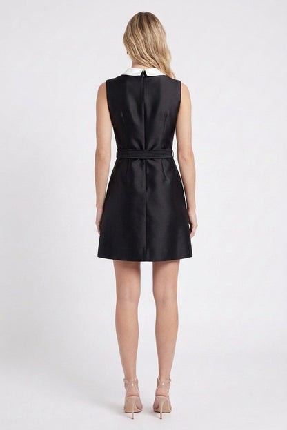 Black Satin A-Line Mini Dress with Contrast Collar black structured satin or silk faille dress - product view 3
