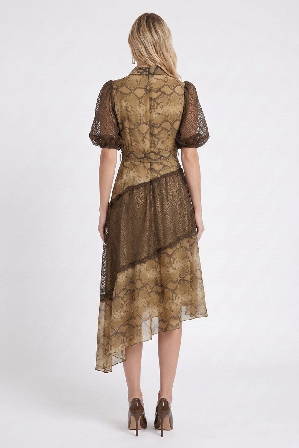 Beige Chiffon A-Line Asymmetric Tiered Snakeskin Midi Dress beige, brown, tan chiffon dress - product view 3