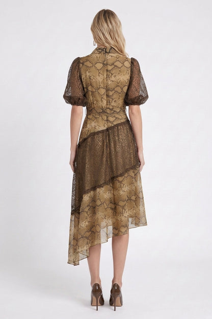 Beige Chiffon A-Line Asymmetric Tiered Snakeskin Midi Dress beige, brown, tan chiffon dress - product view 3