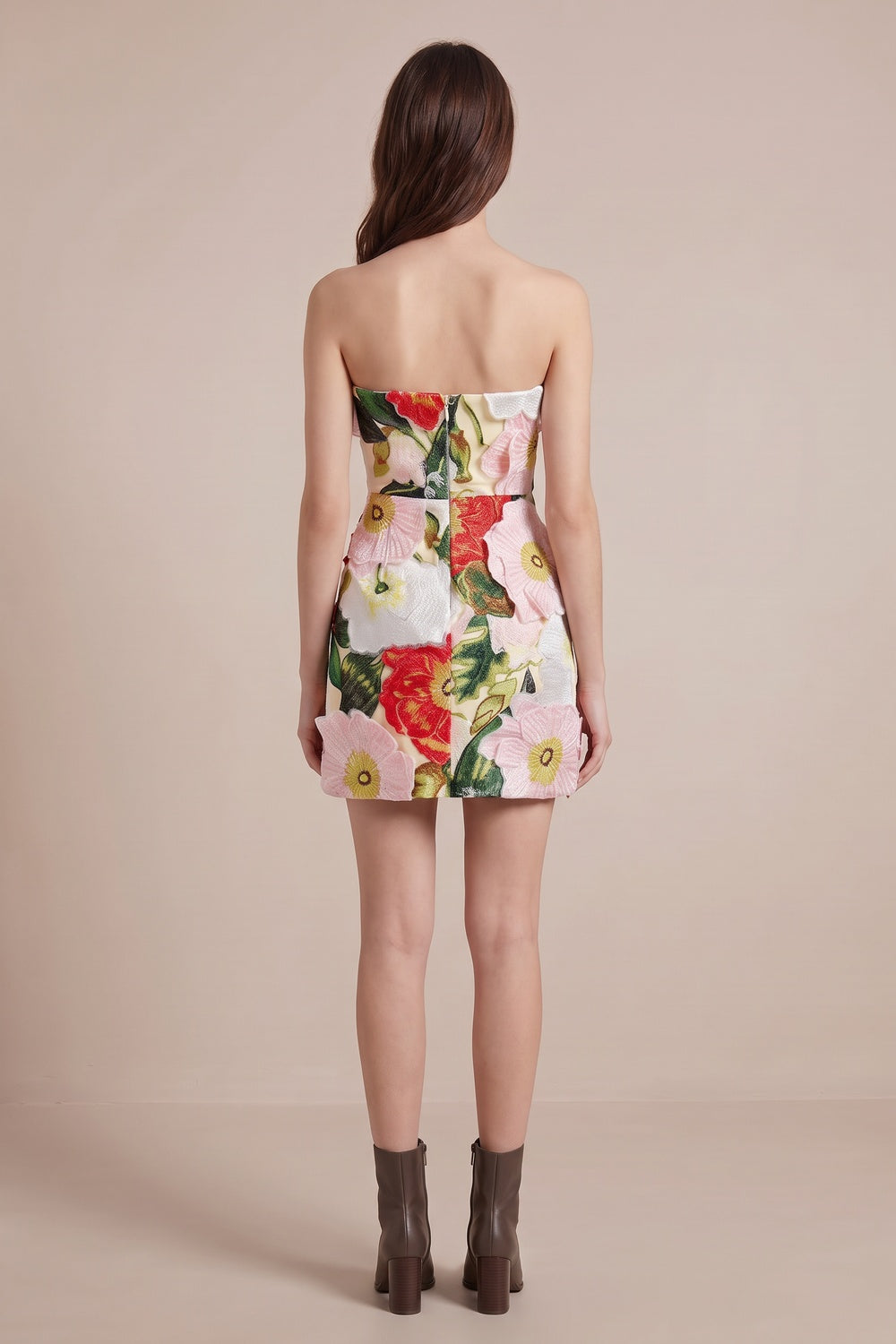 White Brocade Floral Appliqué Mini Dress white brocade dress - product view 3
