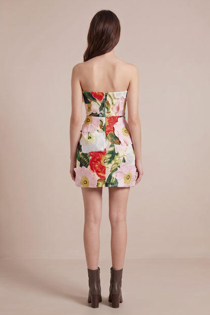 White Brocade Floral Appliqué Mini Dress white brocade dress - product view 3