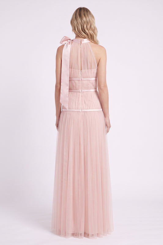 Light Pink Tulle A-Line Maxi Gown with Halter Bow Detail light pink tulle gown - product view 3