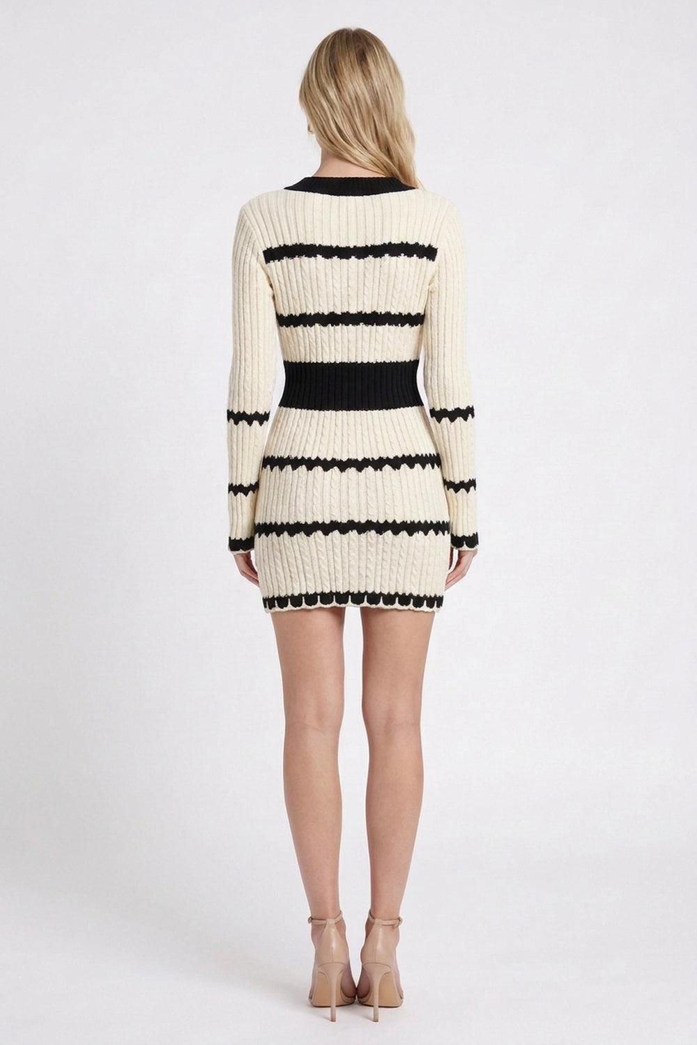Cream & Black Ribbed Knit Bodycon Sweater Dress cream ribbed knit sweater dress - product view 3