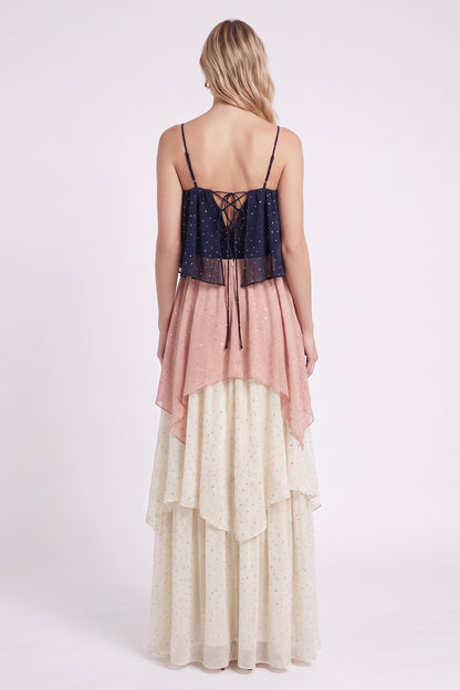 Navy Blue, Dusty Pink & Cream Chiffon A-Line Tiered Maxi Dress navy blue, dusty pink, cream chiffon dress - product view 3