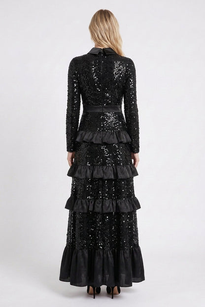 Black Sequined Mesh Tiered A-Line Maxi Dress black sequined mesh maxi dress - product view 3