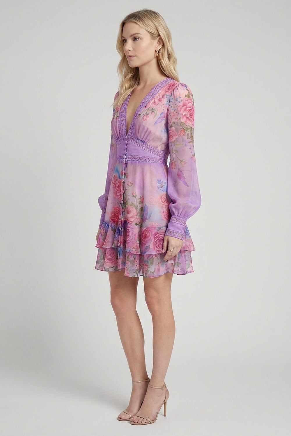 Lavender Chiffon Fit-and-Flare Floral Dress lavender, lilac, pink chiffon dress - product view 4