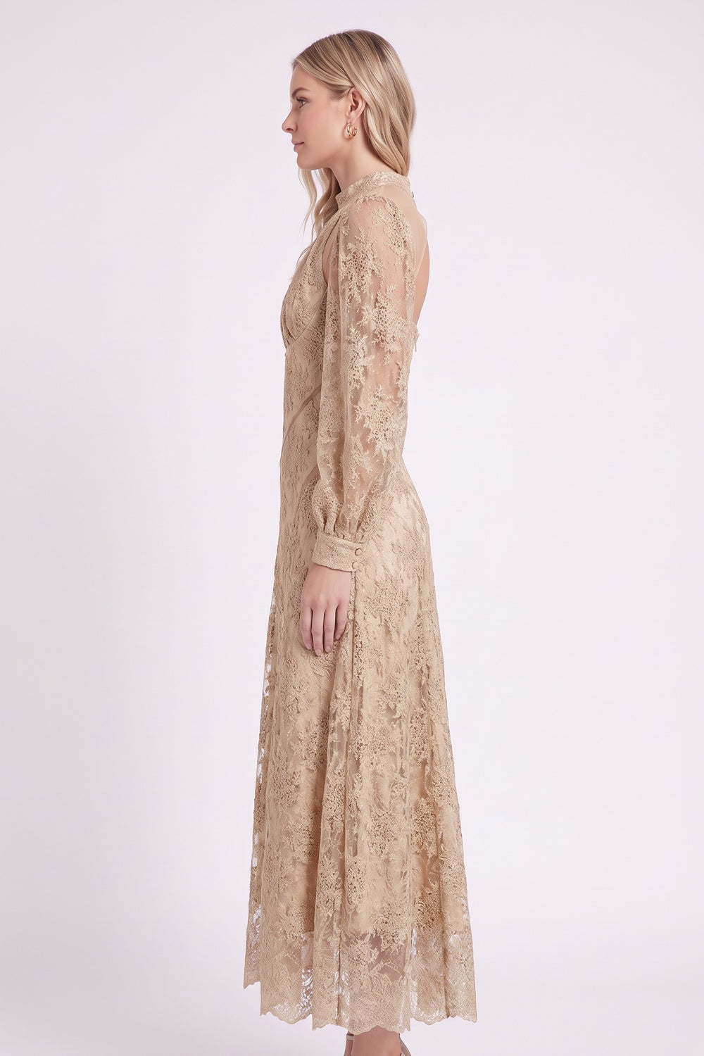 Beige Floral Lace A-Line Midi Dress beige, champagne floral lace dress - product view 5
